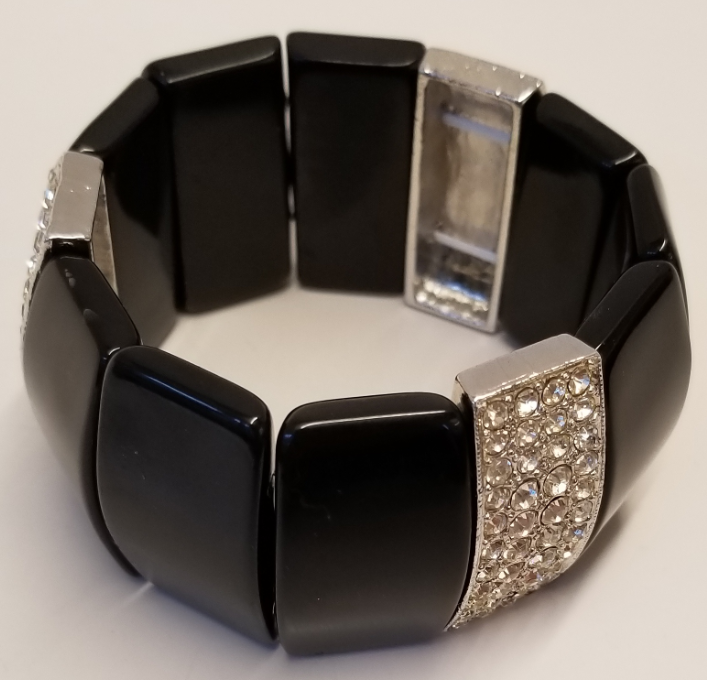 Black Resin Wedges With Three Silver & Crystal Pave' Bars Stretch Bracelet