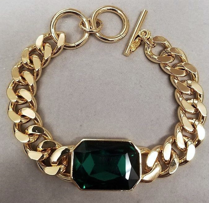 8 - 9" Adjustable Gold Chain with Emerald Stone Toggle Bracelet