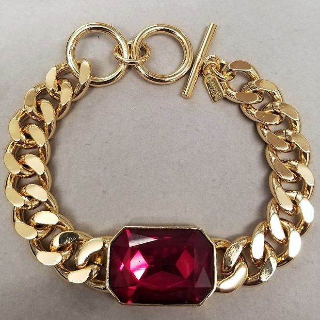 8 - 9" Adjustable Gold Chain with Ruby Stone Toggle Bracelet