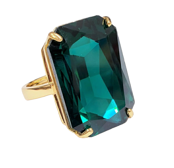 3-4 x 1" Gold with Rectangle Emerald Stone Adjustable Ring