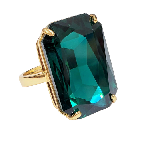 3-4 x 1" Gold with Rectangle Emerald Stone Adjustable Ring