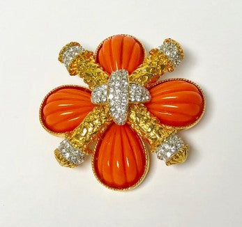 Gold and Coral Ribbed Cross Pin