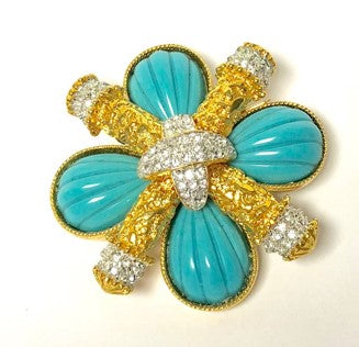 Gold and Turquoise Ribbed Cross Pin