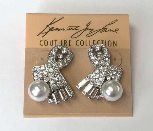 Rhodium Crystal Baguettes Ends White Pearl Pierced Earring
