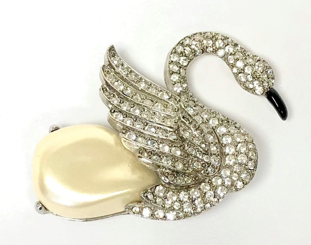 Silver and Crystal Swan Pin with Pearl Body