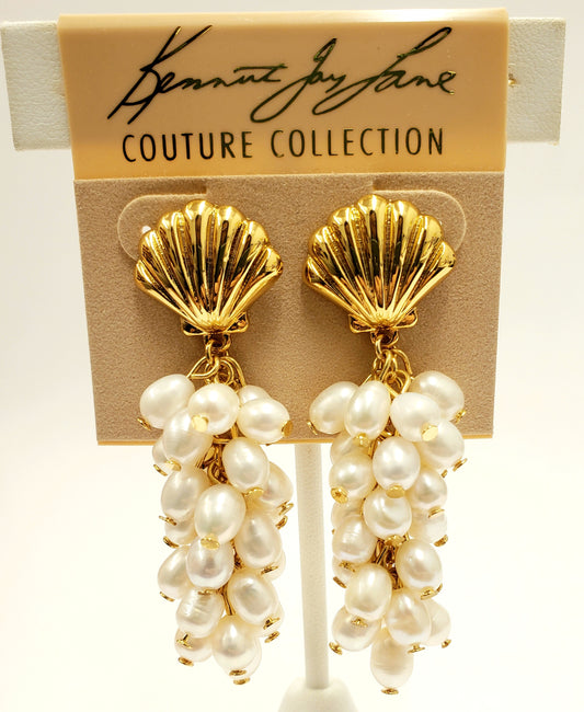 Gold Shell Top with White Pearl Clusters Drop Pierced Earring