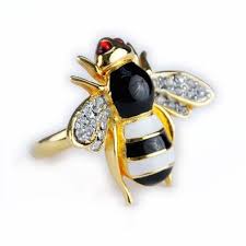 Gold Crystal White-Black Enamel Bee Adjustable Ring