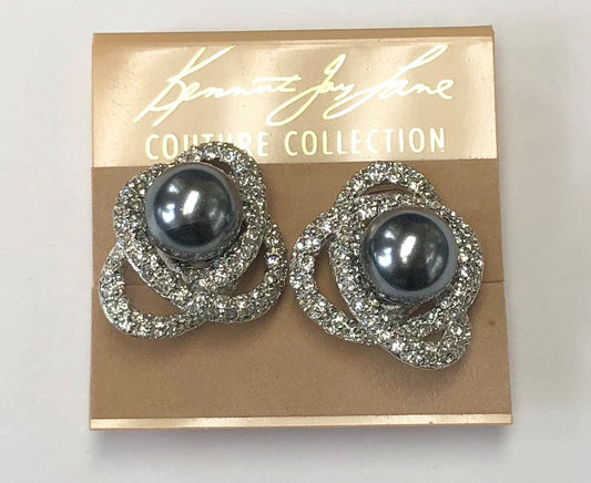 Rhodium Crystals And Grey Pearl Swirl Clip Earring