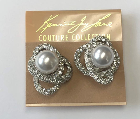 Rhodium Crystal White Pearl Swirl Clip Earring
