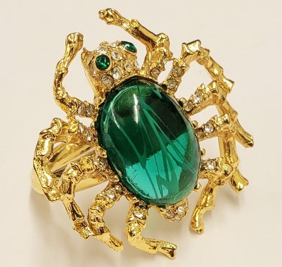 Gold Crystal Spider Ring with Green Eyes And Flaw Emerald Body