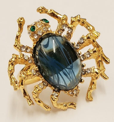 Gold Crystal Spider Ring with Green Eyes And Flaw Sapphire Body