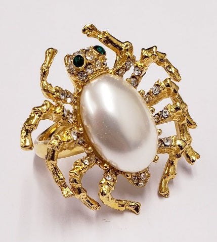 Gold Crystal Spider Ring with Green Eyes And Pearl Cabochon Body