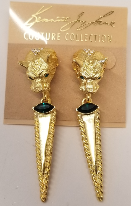 Gold Crystals Emerald Eyes Panther Pierced Earring