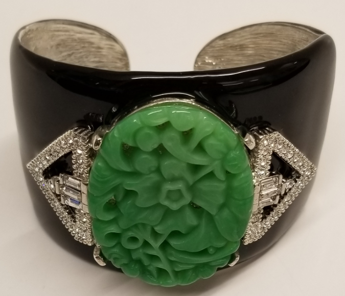 Black Enamel Cuff Bracelet With Jade Motif