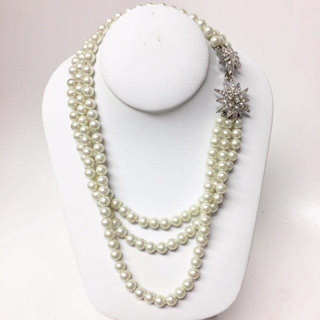 3row Light Cultura Pearl Rhodium-Rhinestone Starburst Clasp Necklace