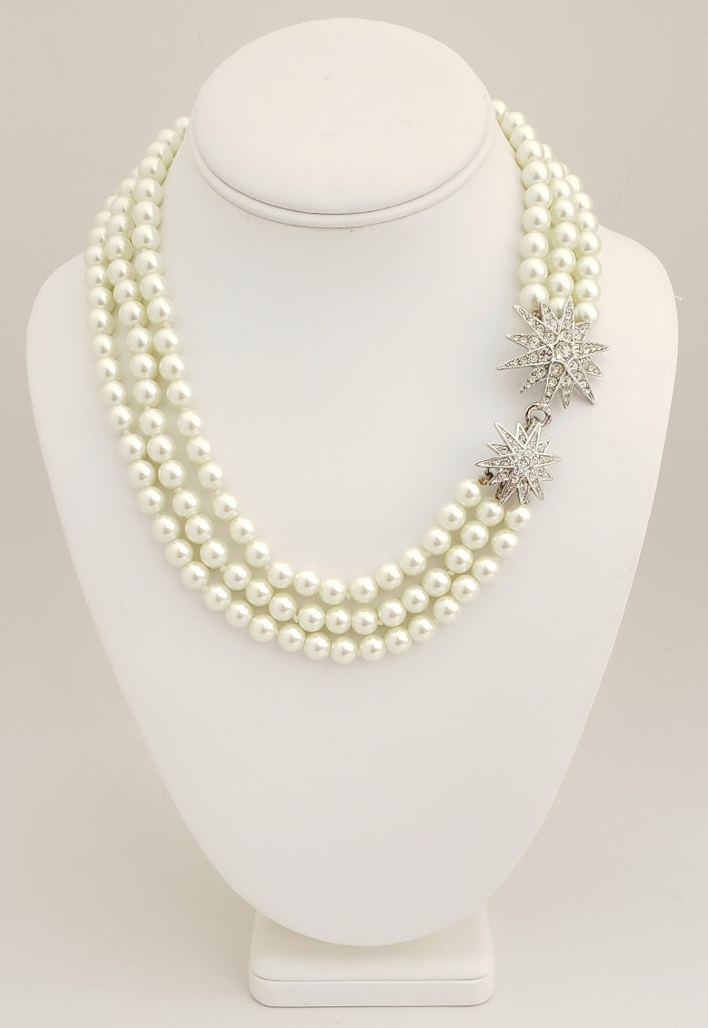 3row Light Cultura Pearl Rhodium-Rhinestone Starburst Clasp Necklace