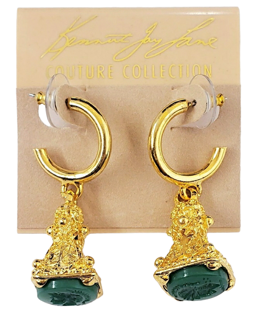 Gold Half Hoop with Carved Jade Drop Pierced Earring