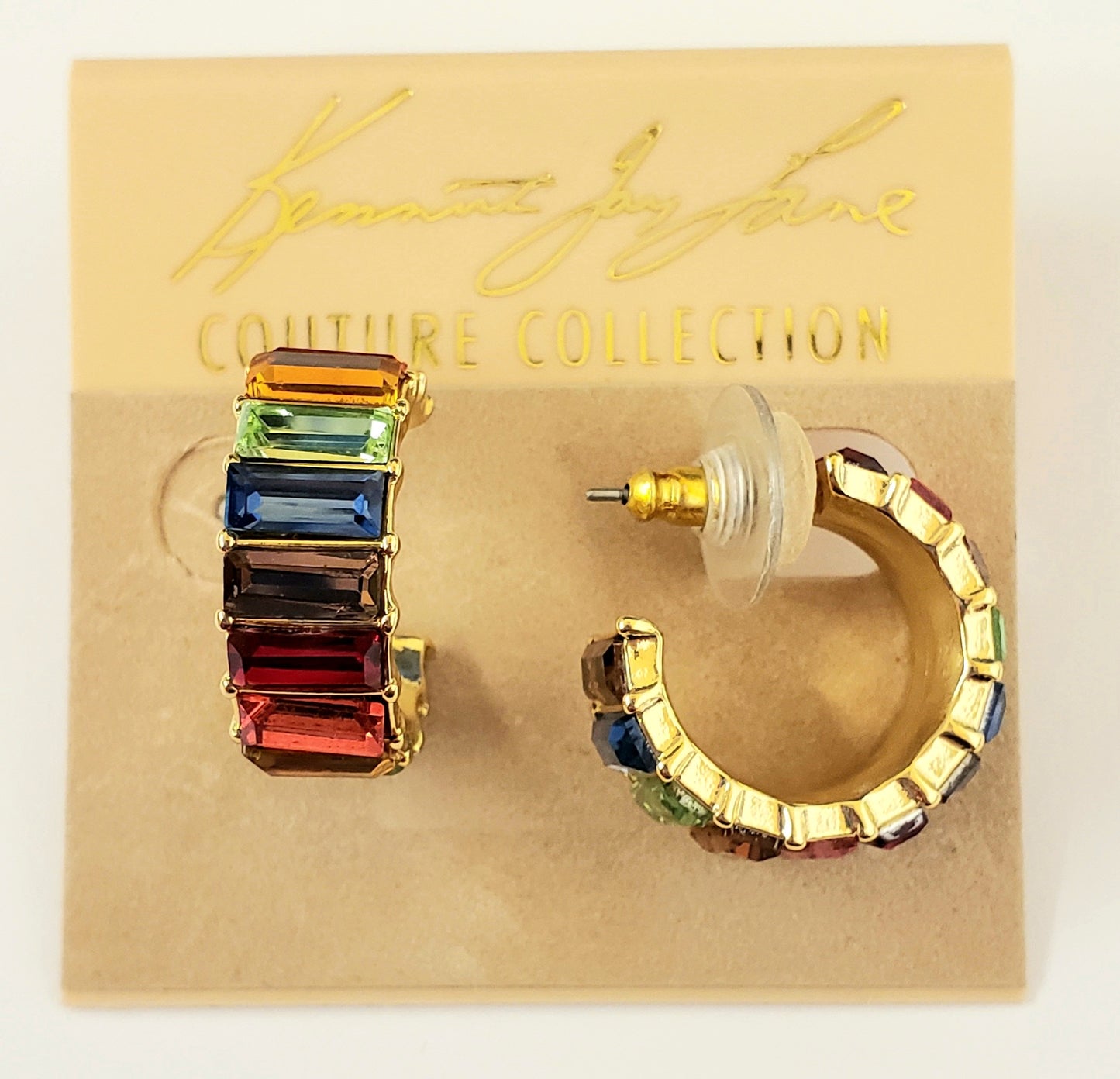 Gold Rainbow Baguette Hoop Pierced Earrings