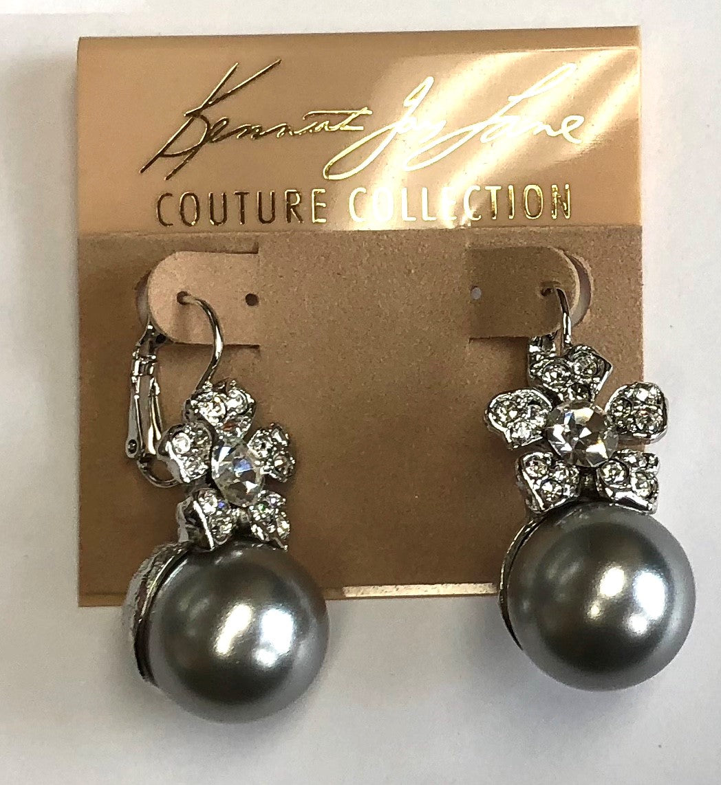 Rhodium Crystals Flower Top And Grey Pearl Bottom Pierced Earring