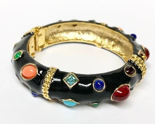 Black And Multi Gemstones Hinged Bangle Bracelet