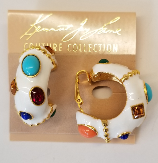 White Enamel Multi Gemstones Clip Hoop Earring