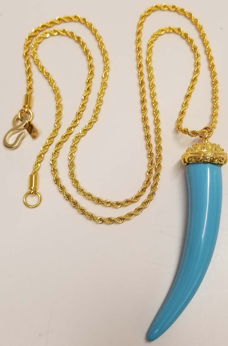 34" Gold Chain Turquoise Saber Tooth Pendant Necklace