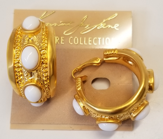 Polished Gold and White Cabochons Hoop Clip Earring