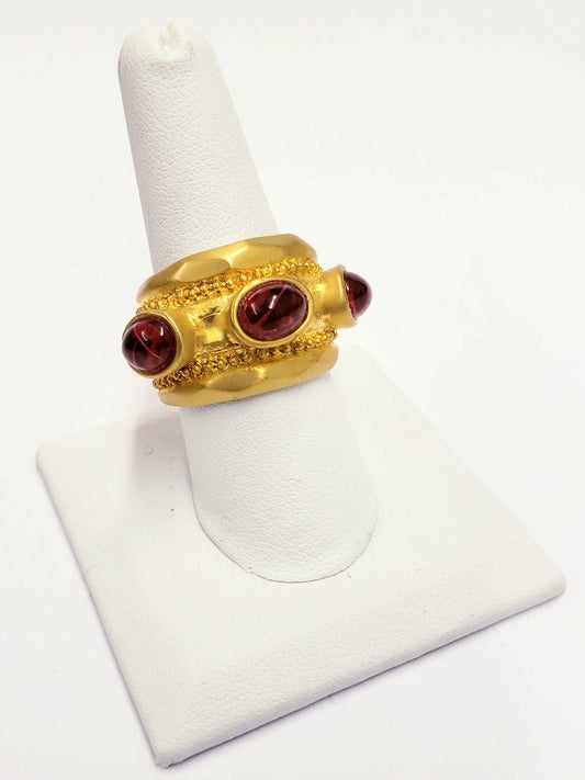 Satin Gold Ring with 3 Flawed Ruby Cabochon Stones