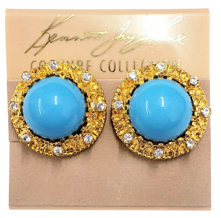 Gold with Crystal & Turquoise Cabochon Center Button Clip Earring