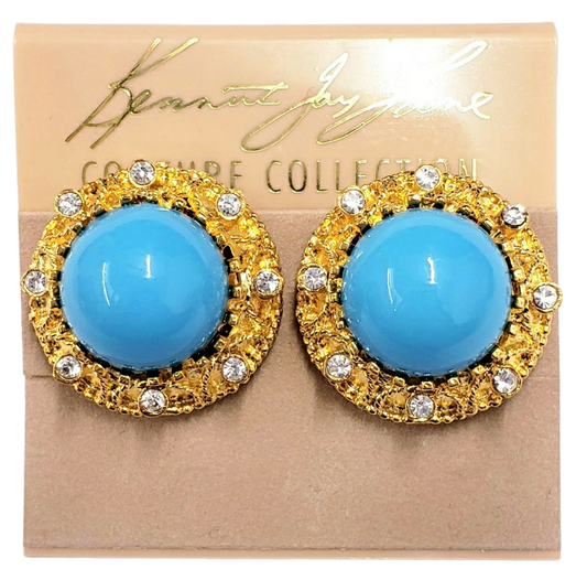 Gold with Crystal & Turquoise Cabochon Center Button Clip Earring