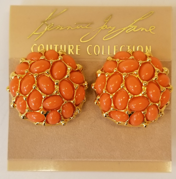 Gold Light Coral Cabachon Large Button Earring