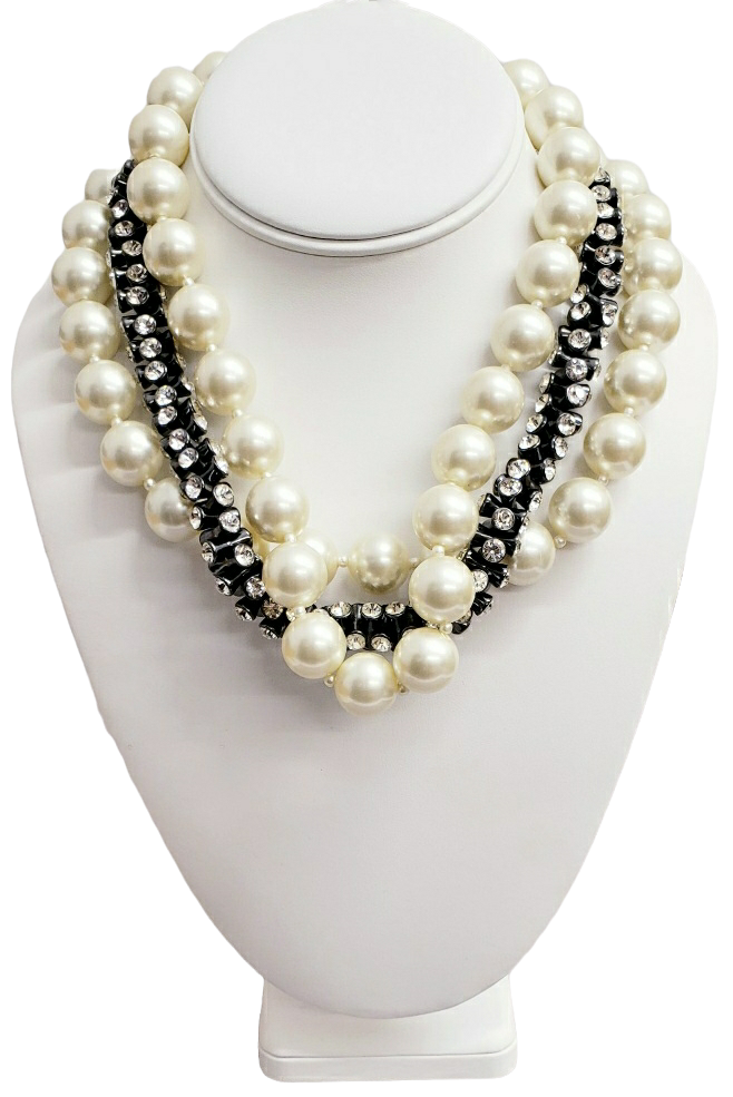 19"  1row Gunmetal-Crystal Bead 2row Light Cultura Pearl Necklace