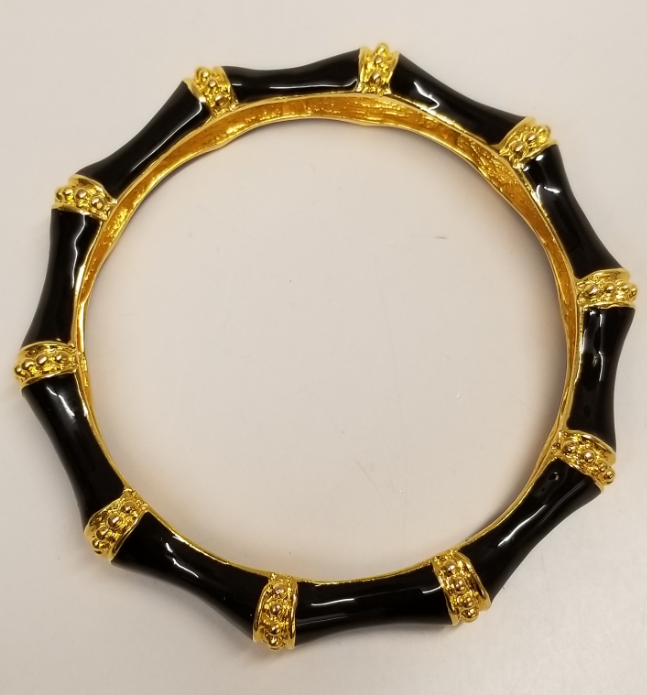 Gold Black Enamel Wide Bamboo Bangle