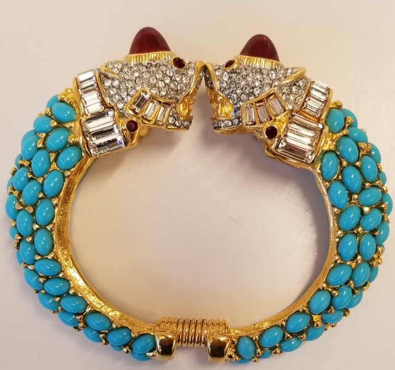 Gold and Crystal Turquoise Cabochons Flawed Ruby Fish Head Bracelet