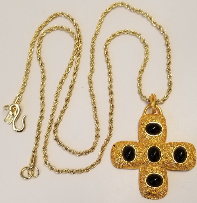 34" Black Cabochon On Gold Chain Cross Necklace