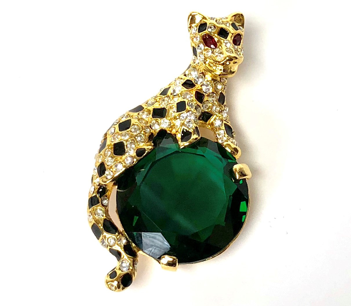 Gold And Emerald Stone Leopard Pin