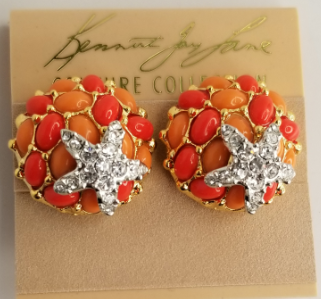 Two Tone Coral Cabachons Rhodium-Rhine Starfish Small Button Clip Earring