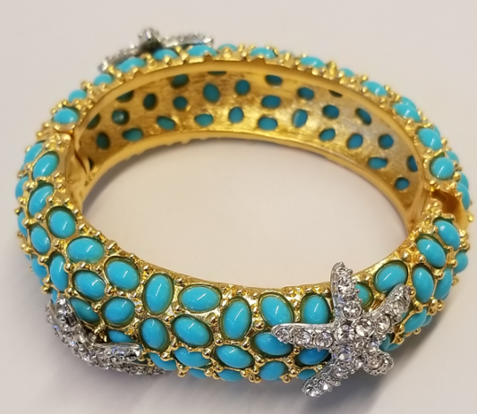 Gold Turquoise & Crystal Starfish Hinged Bracelet