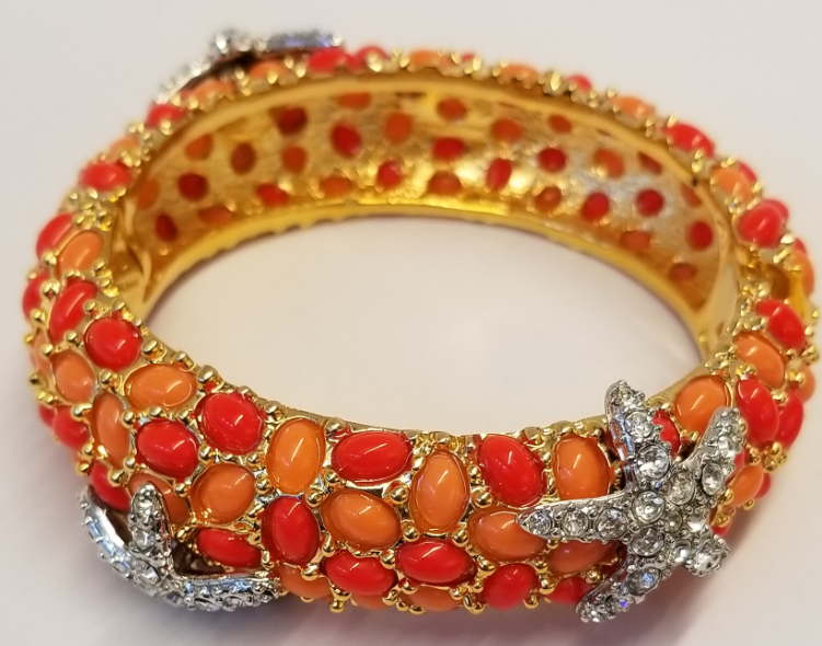 Gold Two Tone Coral & Crystal Starfish Hinged Bracelet