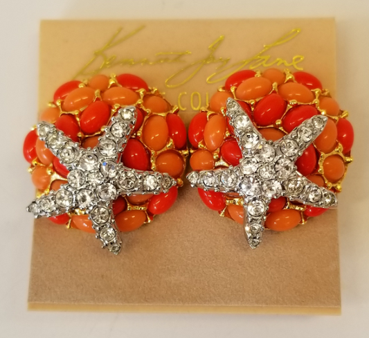 Gold and Two Tone Coral Crystal Starfish Round Button Earring