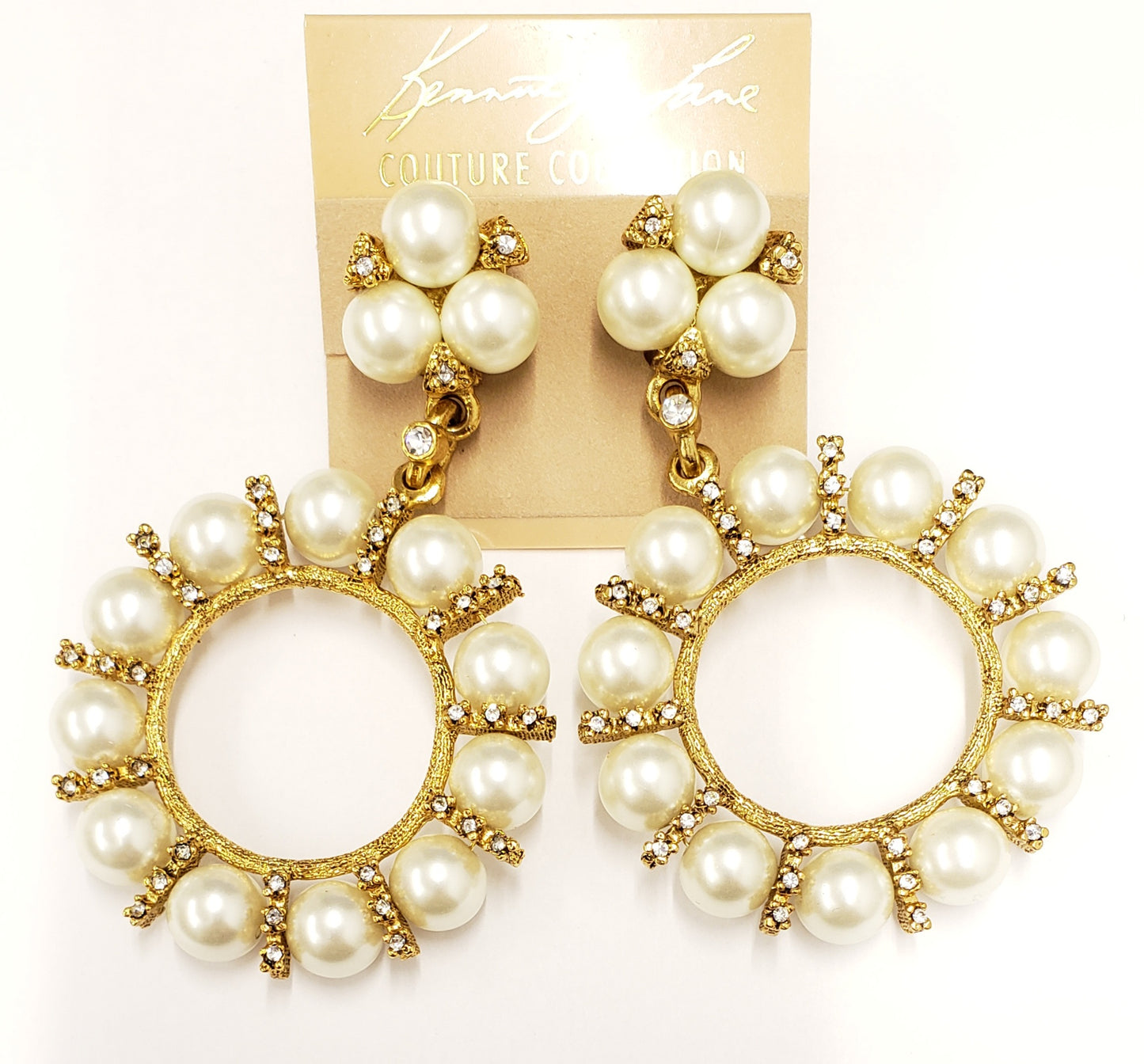 3 1-4"x2" Light Antique Gold with Rhinestone- 10mm Pearl Balls Clip Earring