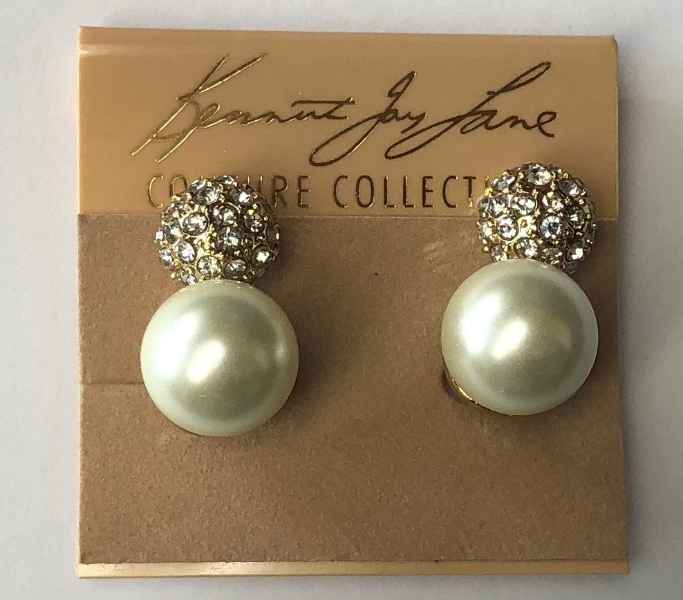 Gold Crystal Pave' Top And White Pearl Bottom Clip Earring