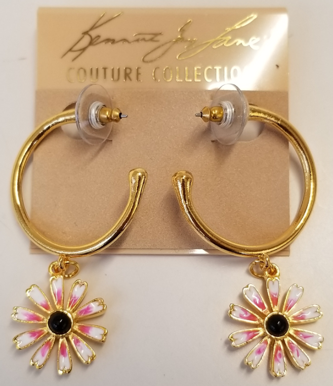 White & Pink Daisy Drop Hoop Pierced Earring