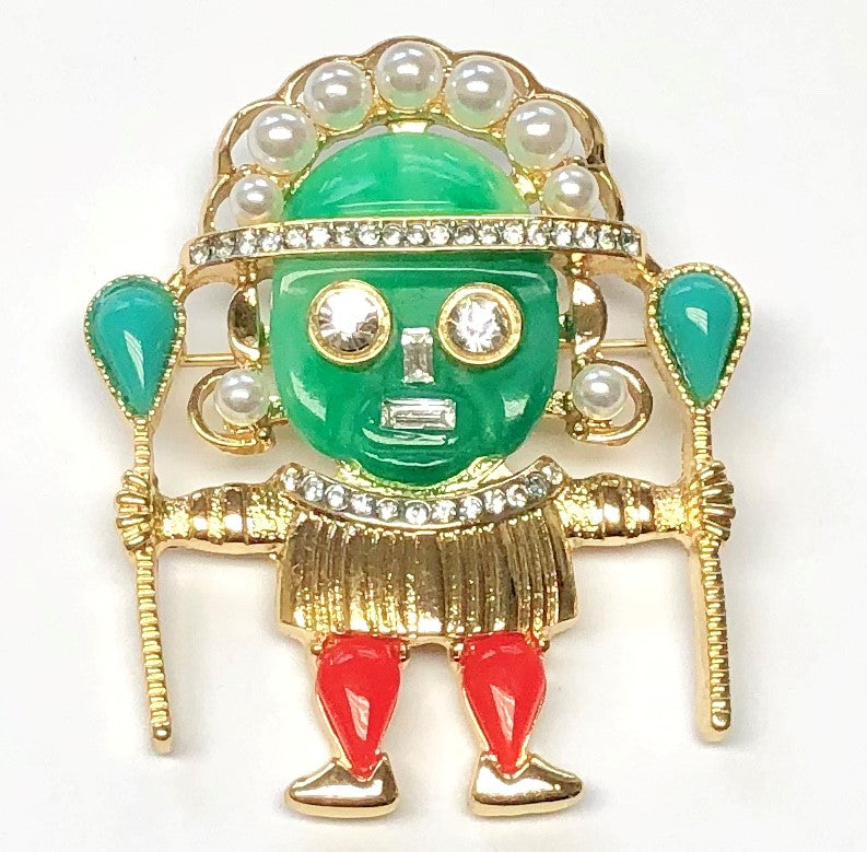 Gold With Jade Face Medicine Man Pin