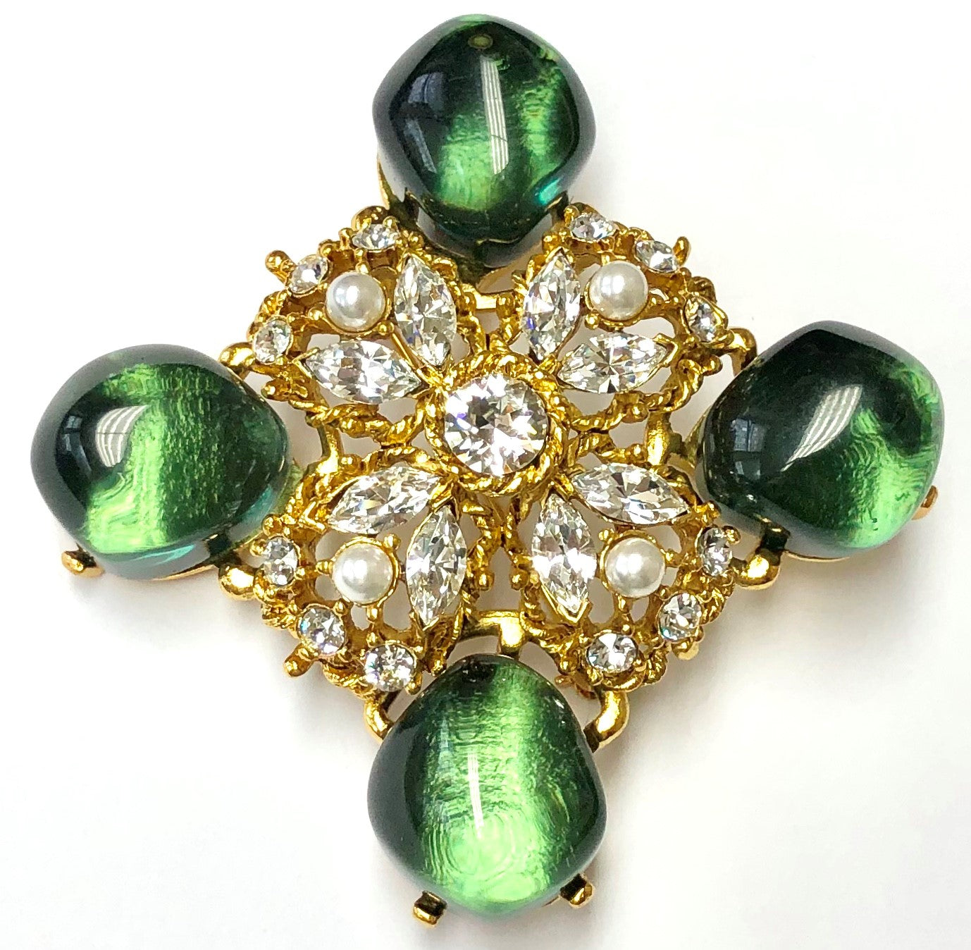 Antique Gold Crystal Pearl And Emerald Stations Pin-Pendant