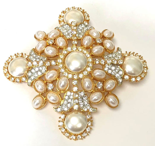 Golds Two Tone Crystals And Pearls Large Maltese Cross Pin-Pendant
