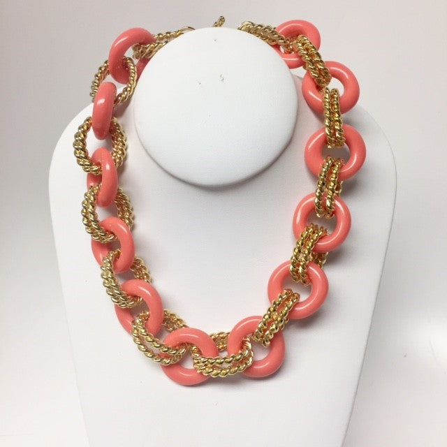 18" Coral and Gold Link Chain Necklace Toggle Clasp