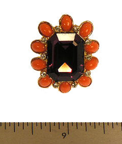 Amethyst Rectangle Center and Coral Sides Ring