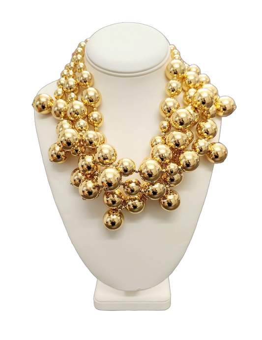 Triple Row Gold Bead Cluster Necklace