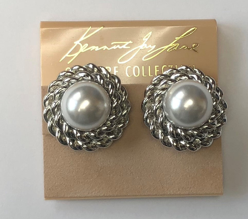 Rhodium White Pearl Twist Button Clip Earring